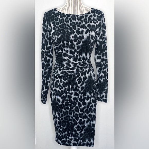 Carmen Marc Valvo Long Sleeve Ruched Bodycon Black Leopard Dress ZB1 - Picture 1 of 9